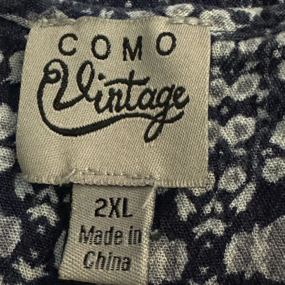 Come Vintage 2X Top Shirt Blue Flower Floral 3/4 Sleeve Henley Scoop Neck Knit